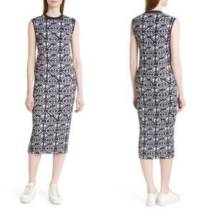 Hugo Boss Feyre's Geo Pattern Ribbed Sheath Dress in Midnight Fantasy